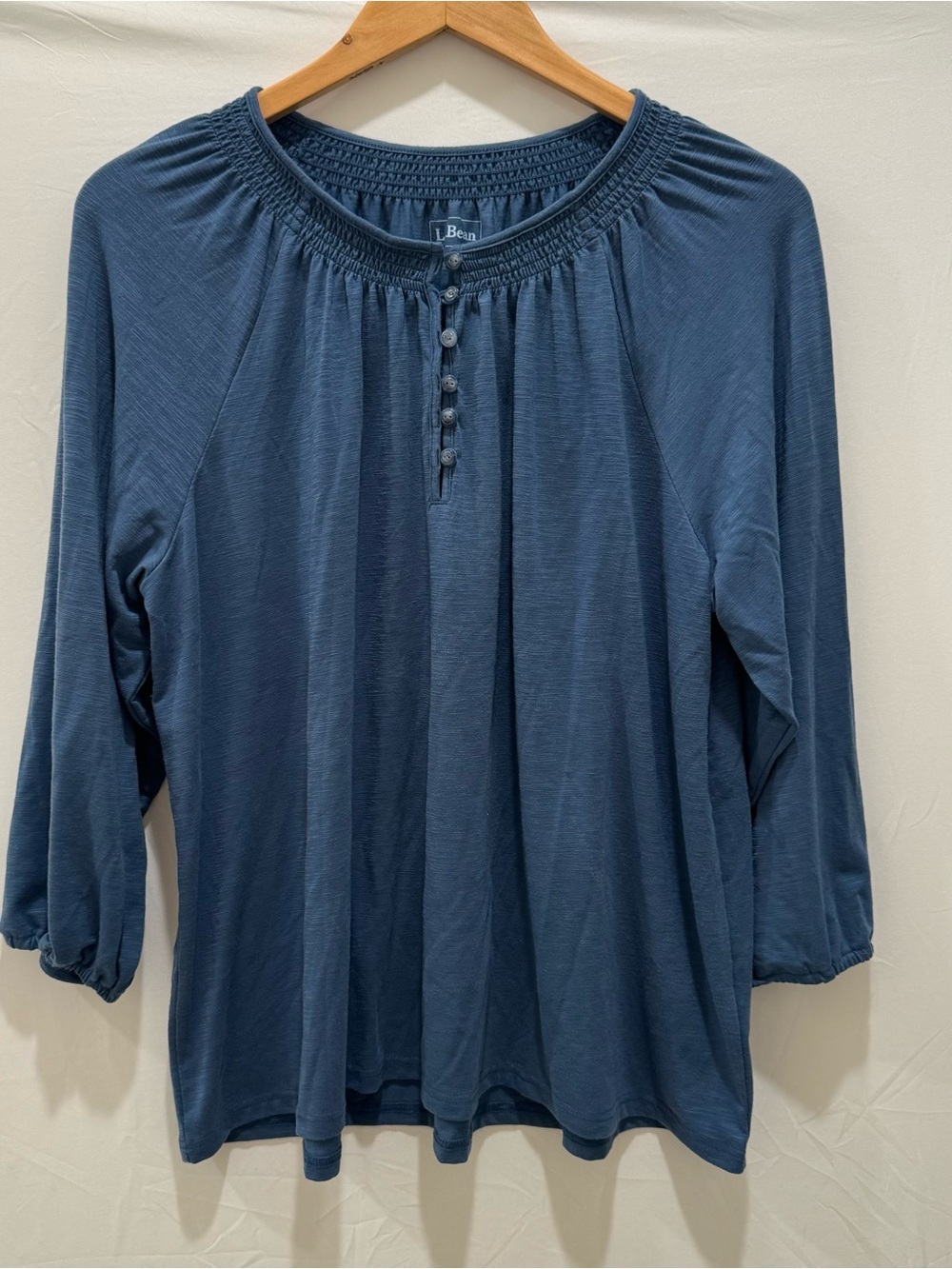 L.L. Bean Women's Slate Blue Smocked Neck Button-Front Long Sleeve Top